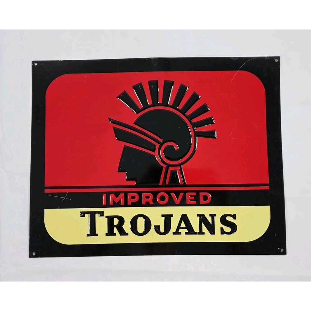 Vintage Improved Trojans Condoms Drug Store 13" Embossed Tin Metal Sign